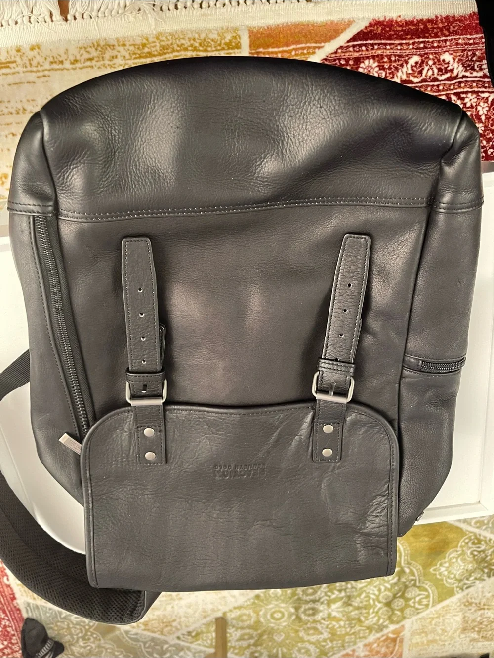 Kenneth Cole Reaction Black Leather Backpack with Buckle Pocket